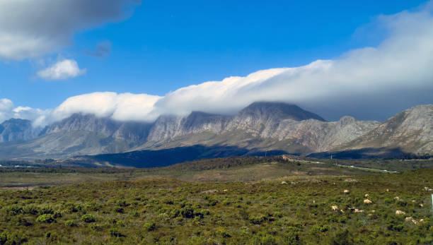 Mountain landscape with a dramatic cloud over the peaks. Tablecloth effect on mountains range. Table Mountain, South Africa Mountain landscape with a dramatic cloud over the peaks. Tablecloth effect on mountains range. Table Mountain, Cape town South Africa table mountain and the tablecloth stock pictures, royalty-free photos & images