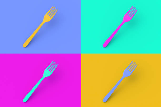 Set of four different color fork on colorful segmental background. 3d render