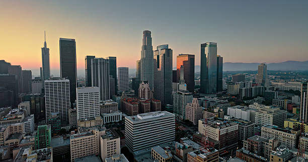 Aerial shot of Downtown Los Angeles, California at sunset.
