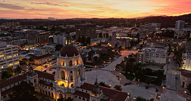 Aerial photograph of City Hall in Pasadena, California at sunset.