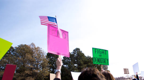 People Holding Protest Signs: FIGHT FOR DEMOCRACY