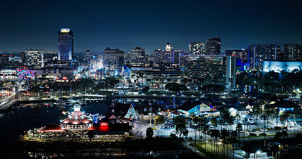 Aerial shot of Waterfront on a clear night in Long Beach, California.\n\nAuthorization was obtained from the FAA for this operation in restricted airspace.