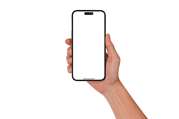 istock Close-up of hand holding modern smartphone with blank screen isolated on white background. High quality studio shot. Concept for technology, business, finance, advertising and public relations. 2202197623