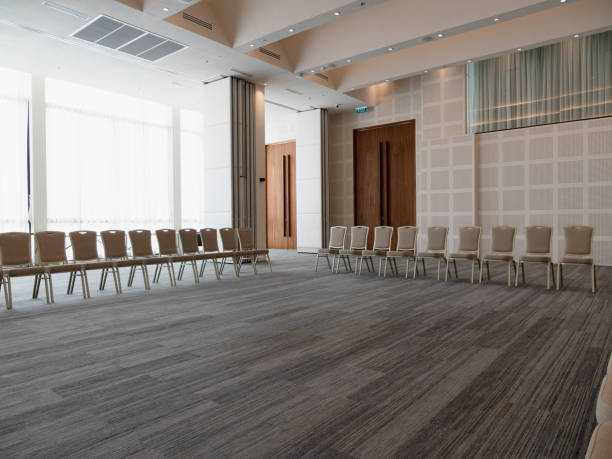 istock Wide angle view of a bright modern office meeting setup professional design elements 2202199586