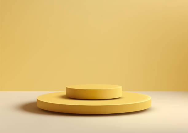 istock minimalist yellow 3d cylindrical podium on beige surface, clean product display mockup for modern showcase 2202200217