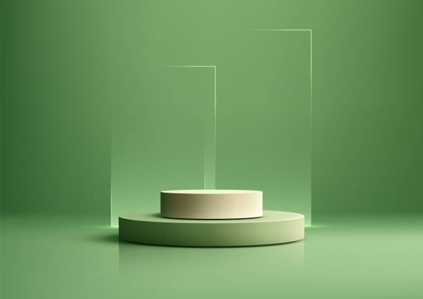 istock modern luxury green cylindrical podium with transparent glass panels, product display mockup for showcase or showroom 2202200224