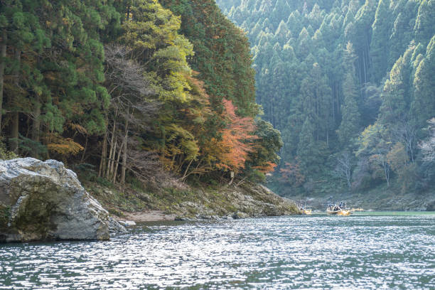 istock Serene river landscape with colorful autumn foliage at Hozugawa River 2202200692