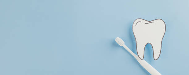 istock Dentist Day presents a white paper tooth model and toothbrush on blue 2202200909