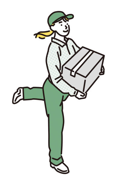 istock Vector illustration of a smiling delivery woman carrying cardboard 2202204546