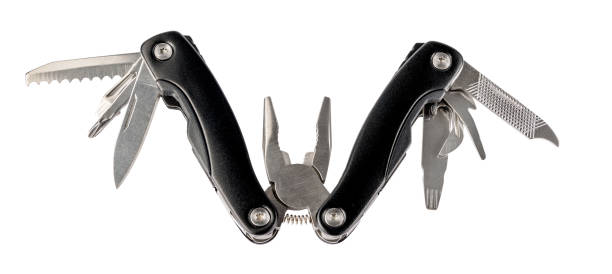 istock Steel multitool isolated on white background. Opened multitool with pliers, file, blade, screwdriver, bottle opener and saw, with a white background. Multi tool with expanded tools and pliers 2202206006