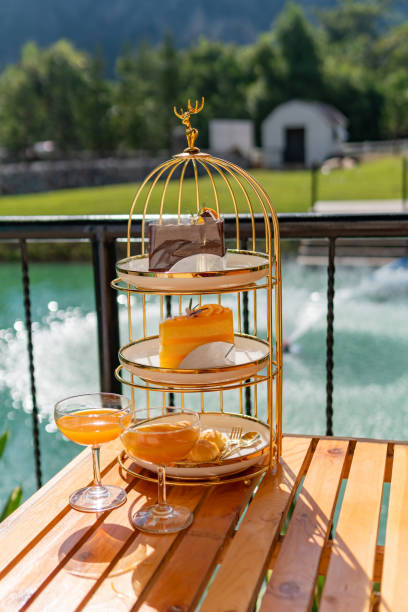 Afternoon tea set, orange juice, English style, dessert set, near the pool.