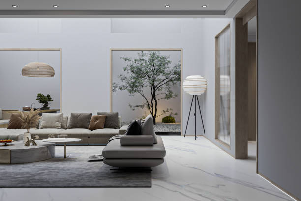 istock Bright Modern Living Room with Indoor Courtyard View and Minimalist Decor 2202211086