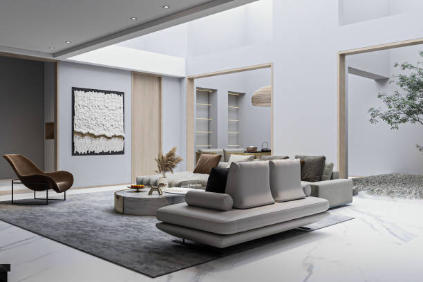 istock Modern Minimalist Living Room with Courtyard and Abstract Wall Art 2202211089