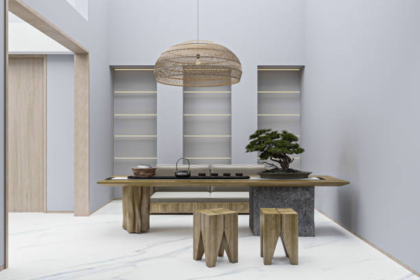 istock Modern Minimalist Tea Room with Bonsai and Woven Pendant Light 2202211093