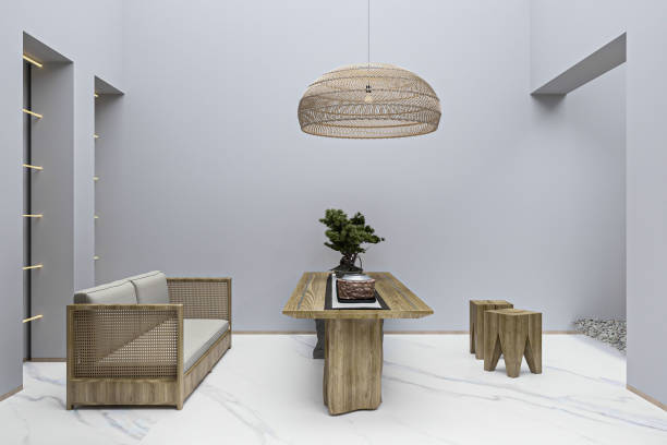 istock Minimalist Tea Room with Rattan Sofa, Bonsai, and Central Woven Pendant Light 2202211100