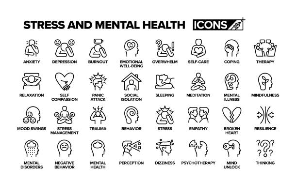 bildbanksillustrationer, clip art samt tecknat material och ikoner med stress and mental health line icon set. group of object. panic attack, depression, anxiety. - terapi