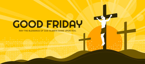 istock Good friday - Three cross with jesus christ crucified on the cross on mountain and sunlight on sky and dot texture background vector design 2202215908