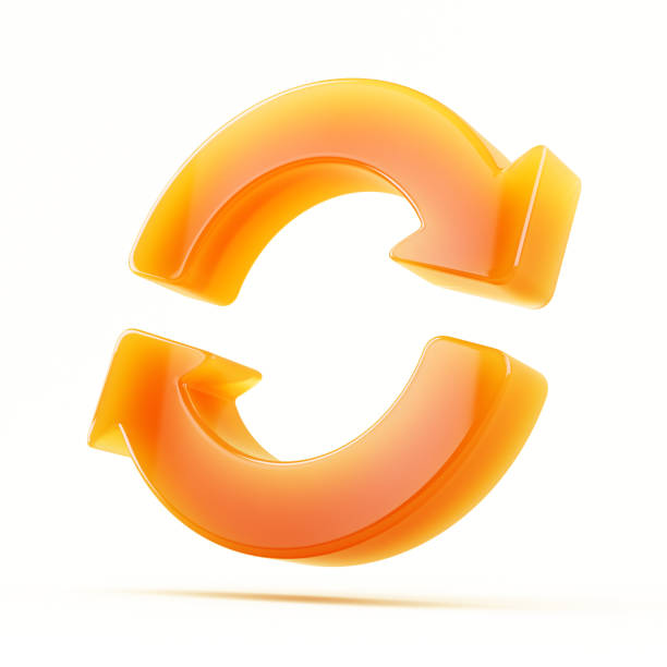 istock Two arrows icon - update symbol. 3d orange glass update, refresh icon - 3d rendering 2202217410