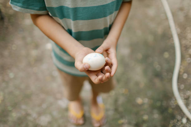 A young boys hands hold an egg with writing on it outside backyard.