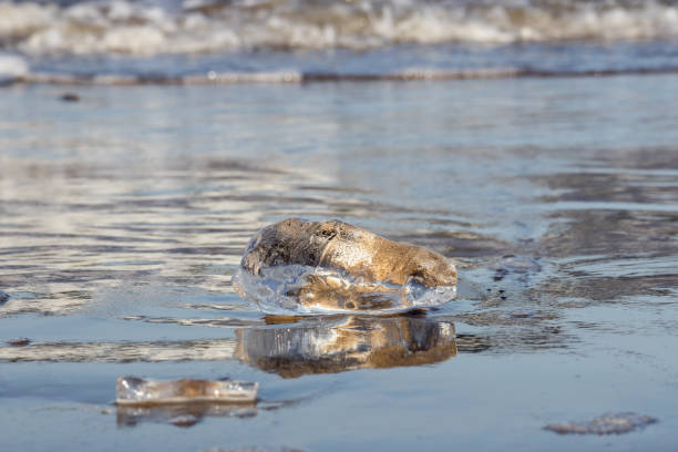 istock . chunks of ice on a gray sandy surface with reflections, water and waves in the background. 2202217824