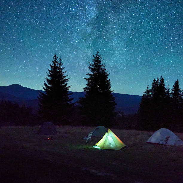 istock Few tents on grassy clearing under dazzling, starry sky with Milky Way clearly visible. 2202219700