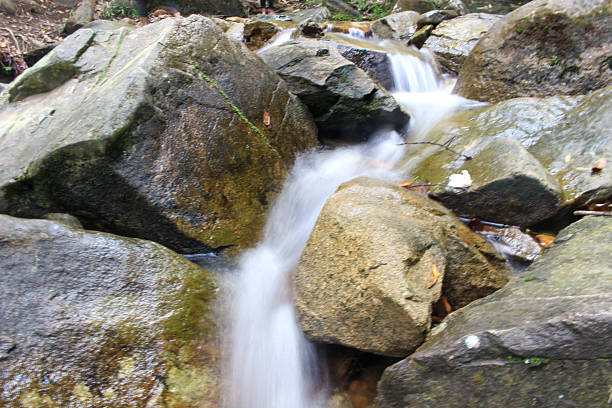 A small cascading waterfall flowing over moss-covered rocks in a natural forest setting. The water appears silky due to a slow shutter speed. A person is seen crossing the rocks barefoot, with a group of people in the background enjoying the stream.