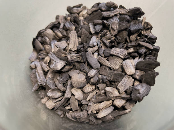 Close-up of biochar, produced through wood pyrolysis, a sustainable solution for carbon sequestration. Ideal for themes around CO2 reduction, climate change, and eco-friendly technology.
