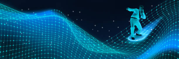 istock Man talking on smartphone while surfing digital waves composed of interconnected blue grids. Fast communication and digital transformation. Composite image. Collage 2202224364