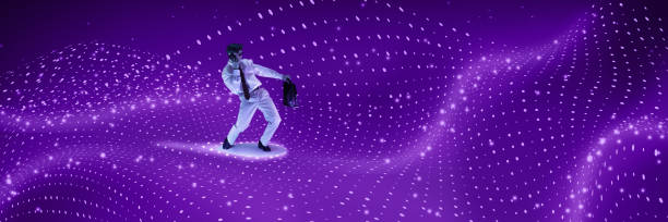 istock Man holding briefcase while gliding on blue wave, illustrating digital entrepreneurship, programming adaptability. Composite image. Collage 2202224370