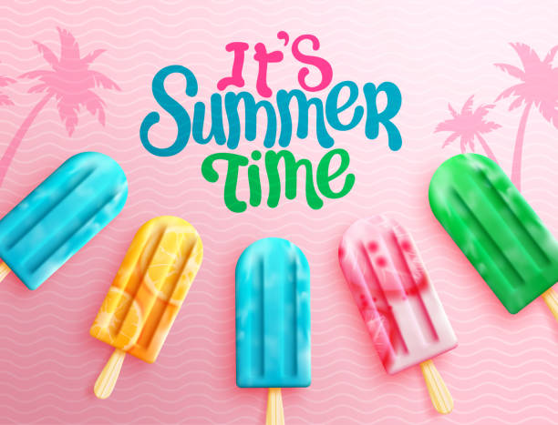 ilustrações, clipart, desenhos animados e ícones de design de fundo vetorial de picolés de verão. é texto de verão com sobremesas de picolé de frutas - picole