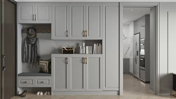 istock Modern Gray Entryway with Built-in Storage and Kitchen View 2202228794
