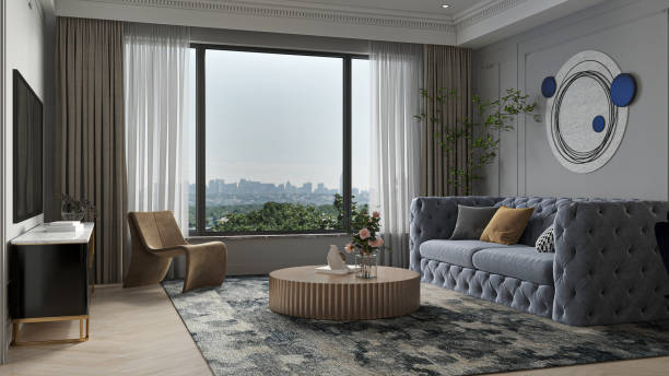 istock Modern Living Room with City View and Comfortable Seating 2202228810