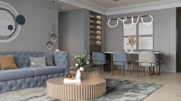 istock Modern Open Plan Living and Dining Room with Wine Storage 2202228814