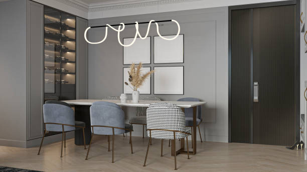 istock Modern Dining Room with Wine Storage and Unique Chandelier 2202228852