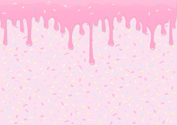Bakery background. Pink icing melting with pastel sugar sprinkles pattern on a pink background.