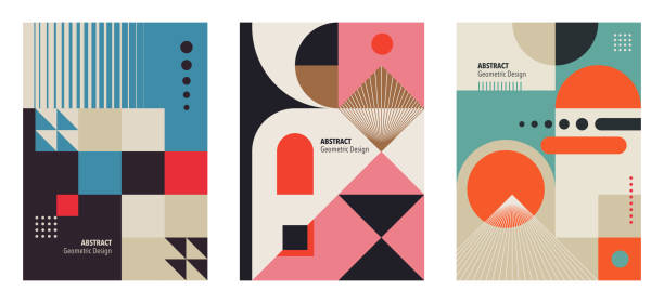 A set of three abstract geometric cover designs featuring bold shapes, clean lines, and a contemporary color palette. The combination of structured patterns and dynamic elements creates a visually engaging and stylish composition, perfect for modern branding, posters, or editorial layouts.