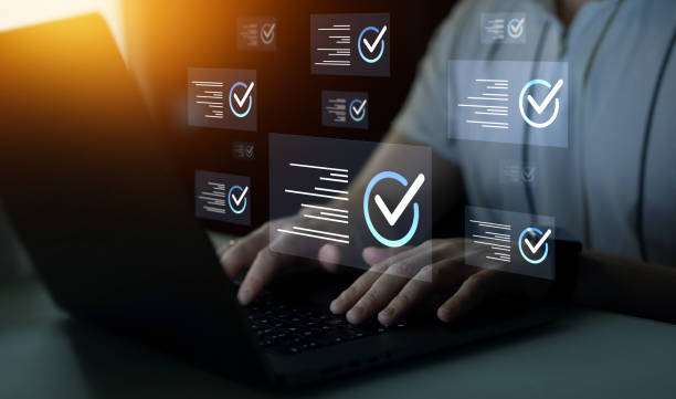 istock Business company performance tracking and evaluation.Businessman using virtual screen with digital survey.Fast checklist and clipboard task management. 2202233050