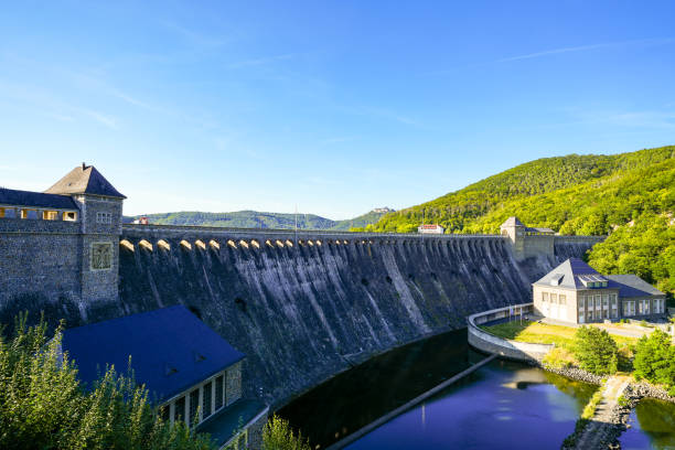 View of the dam wall at Edersee. Eder Dam in Edertal. stock photo
