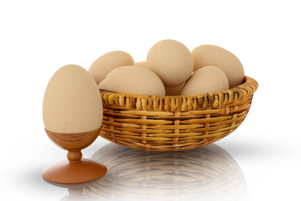 3D Illustration. Egg, Eggs. Healthy and natural food and nourishment. Spring image with basket of eggs and butterflies suitable for Easter.