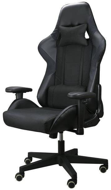 istock Black gaming chair on wheels with high back isolated on a white background. Completely in focus. Focus stacking. 2202240226