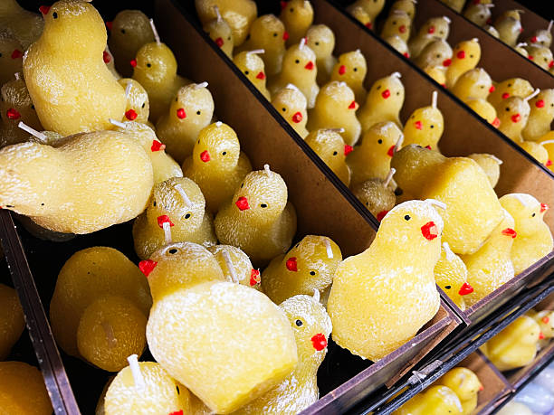 Yellow chick candles aligned in display boxes with close-up details