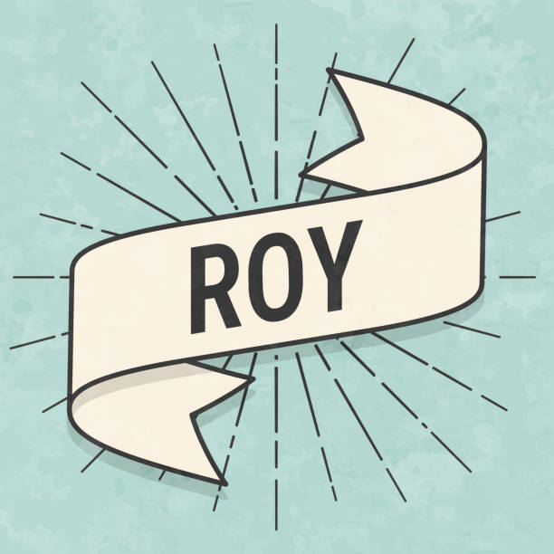 Roy - Male first name. Banner, ribbon, label in a trendy vintage style. Beautiful retro ribbon with old textured paper and sunbursts in the background. Colors used: green, blue, beige and black. The banner is beige with a black outline, the sunbursts and the text are black. The background is green-blue. Vector Illustration (EPS file, well layered and grouped). Easy to edit, manipulate, resize or colorize. Vector and Jpeg file of different sizes.