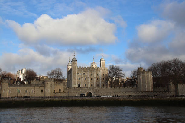 View of Tower of London, from River Thames, London, England