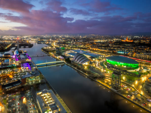 Aerial Clyde river Glasgow with Arc bridge, armadillo convention center and millenium