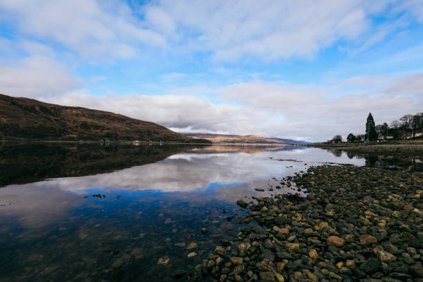 Calm waters of a Scottish lake reflect the cloudy sky and surrounding hills, creating a tranquil and picturesque setting.