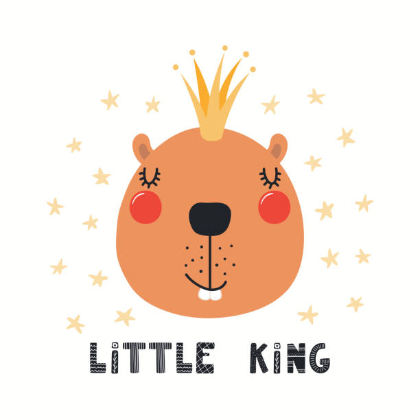 Cute beaver illustration Hand drawn vector illustration of a cute funny beaver in a crown, with lettering quote Little king. Isolated objects on white background. Scandinavian style flat design. Concept for children print. clip art of baby beaver stock illustrations
