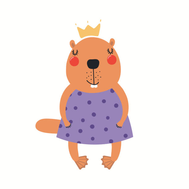 Cute beaver princess Hand drawn vector illustration of a cute funny beaver girl in a dress. Isolated objects on white background. Scandinavian style flat design. Concept for children print. clip art of baby beaver stock illustrations