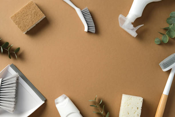istock Cleaning supplies, eco-friendly setup. Includes brushes, sponge, spray bottle, dustpan, and eucalyptus leaves. Perfect for illustrating household cleaning themes 2202260748