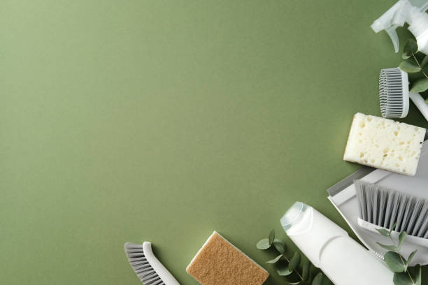 istock Cleaning supplies on a green background. Includes sponge, brushes, spray bottle, cleaning cloth, and solution arranged with leaves for an eco-friendly look 2202260796