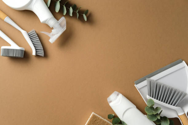 istock Cleaning tools on a brown background, including a scrub brush, a dustpan with a brush, a sponge, and a spray bottle, arranged with eucalyptus leaves for a fresh and natural cleaning concept 2202260809